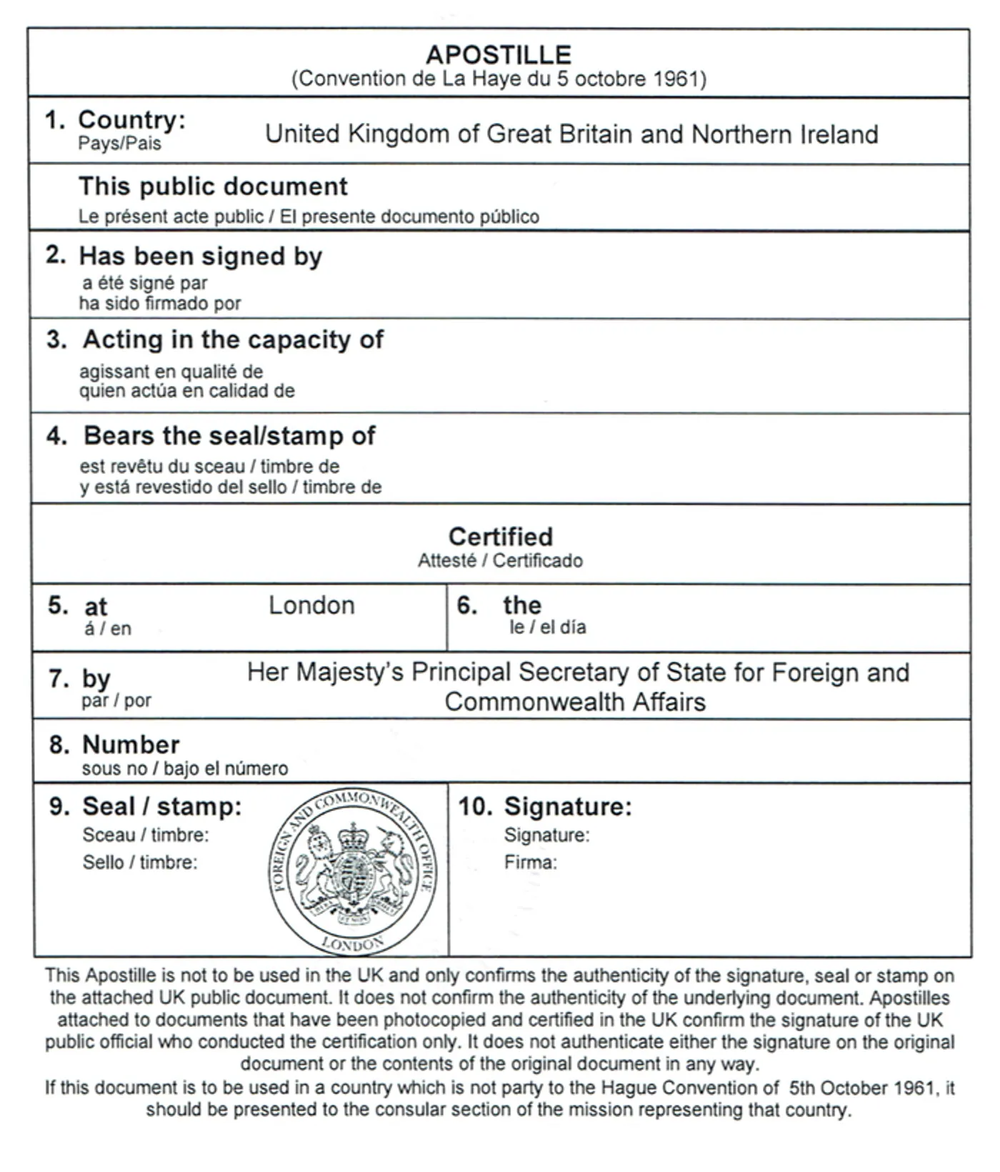 Sample UK apostille stamp embossed with the Foreign, Commonwealth & Development Office crest