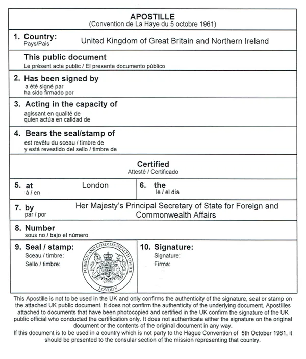 Sample UK apostille certificate